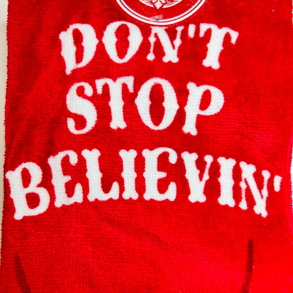 2 Christmas Fat Santa Belly Belt Buckle Kitchen Towels Do’t Stop Believin’ - Picture 2 of 4